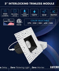 Slick 3 Inch Trimless LED Recessed Dimmable Spotlight With Black Interlocking Trim And Adjustable 2700K To 5000K Flush Mount Ceiling Light 6 Pack displayed with a white and black trim modular design.