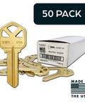 Premium Brass Kw1 Uncut Key Blanks Pack Of 50 displayed in front of box with Made in USA label.
