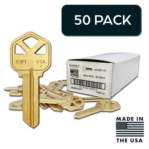 Premium Brass Kw1 Uncut Key Blanks Pack Of 50 displayed in front of box with Made in USA label.