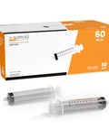 Top Shelf 60 ML Luer Lock Syringes Without Needles, Straight Up Sterile And Individually Wrapped, Heavy Duty Clear Plastic Medical Supply, No Sweat 50 Pack Ready To Go For Any Task, box and two syringes