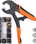 Heavy Duty Snap Fastener Tool Kit With Pliers For Metal Snaps Quick Install And Replacement For Leather, Canvas, Tarp, Boat Covers, Carpet, Furniture And More, showing pliers and snap components.