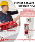 Red Circuit Breaker Lockout Kit for 110-240V Standard Single and Double Toggles, OSHA Compliant Electrical Box Lockout With Lock and Tagout Safety Device installed on breaker panel.