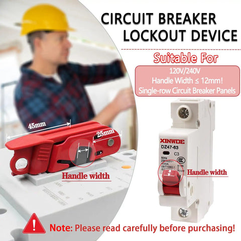 Red Circuit Breaker Lockout Kit for 110-240V Standard Single and Double Toggles, OSHA Compliant Electrical Box Lockout With Lock and Tagout Safety Device installed on breaker panel.