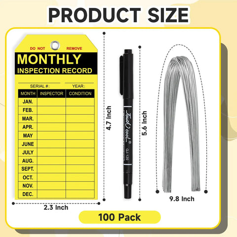 50 Pack PVC Fire Extinguisher Monthly Inspection Tags 4.7 By 2.3 Inches With Wire And Double Ended Oil Based Marker Yellow
