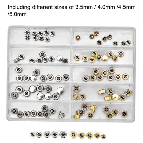 Watch Crown Repair Kit Stainless Steel O Ring Stem Tools Storage Box Set with assorted round head crowns in various sizes