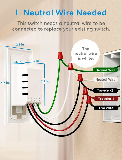 Diagram of 3 Way Smart Switch 1 Pack With Neutral Wire Required For Your Smart Home, showing wiring connections and dimensions.
