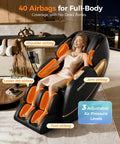 Woman relaxing in Next Level Upgrade 3D Massage Chair With AI Voice Control, Full Body Zero Gravity Recliner, PU Leather in black.