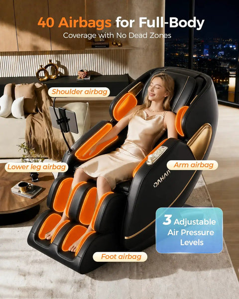 Woman relaxing in Next Level Upgrade 3D Massage Chair With AI Voice Control, Full Body Zero Gravity Recliner, PU Leather in black.