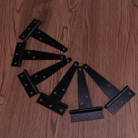 T Shape Door Hinges Set, 24 Pcs Black Iron Triangle Hinges with Six Screw Holes on wooden surface