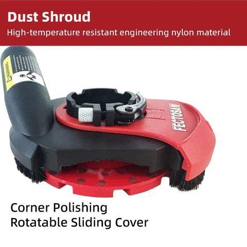 Pro Grade All In One Dust Shroud And Diamond Grinding Cup Wheel Kit for angle grinders, highlighting red shroud and rotatable cover.