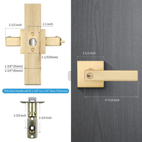 Diagram of 5 Pack Modern Gold Door Levers With Keys For Entry Front Exterior And Interior Doors Keyed Alike Privacy Lock Levers.