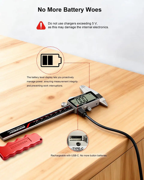 Rechargeable Digital Caliper Six Inch With USB C Charging And Power Indicator 0.01mm Accuracy Pro Grade Performance Large LCD Vernier Caliper IP54 Stainless Steel laid on table with USB-C cable