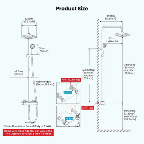Diagram of Thermostatic Shower System With 8 Inch Round Shower Head Exposed Shower Faucet Wall Mount Height Adjustable Slide Bar