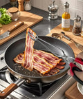 Stainless Steel Scissor Tongs Set With 10 Inch And 12 Inch Tongs, 2 Piece Kitchen Tool For Pro Grade Cooking, Grilling, Food Prep, And Serving, Heavy Duty 304 Stainless Steel, Dishwasher Safe, Rust Resistant, lifting bacon in pan