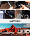 Heavy Duty Trailer Hitch Pin And Clip With Grooved Head, Five Eighths Inch Diameter, Angled One Hundred Five Degrees, Fits Two Inch And Two And A Half Inch Receiver Hitches, Rock Solid Latch For Easy Installation, shown in various views including use with truck and trailer