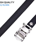 Close-up of Pair Of Universal Bike Pedal Toe Straps with steel buckle, durable nylon material, heavy duty replacement foot straps for bicycles.