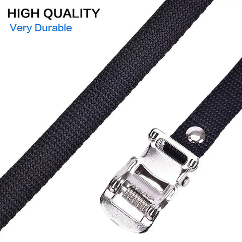 Close-up of Pair Of Universal Bike Pedal Toe Straps with steel buckle, durable nylon material, heavy duty replacement foot straps for bicycles.