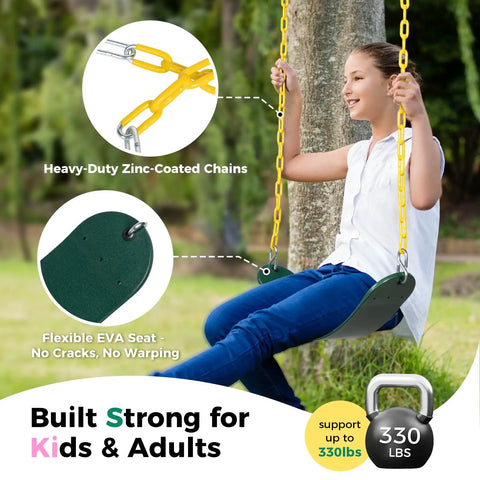 Young girl swinging on green EVA seat with 66-inch heavy-duty rust-resistant chains, Two Pack Outdoor Swing Seats With 66 Inch Rust Resistant Heavy Duty Chains For Backyard Playground Replacement Anti Slip EVA Seats Supports Up To 330 Lb For Kids And Adults Green