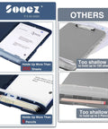 Comparison of a dark blue plastic clipboard with 200 sheet and 6 pencil capacity next to a gray clipboard holding fewer items.