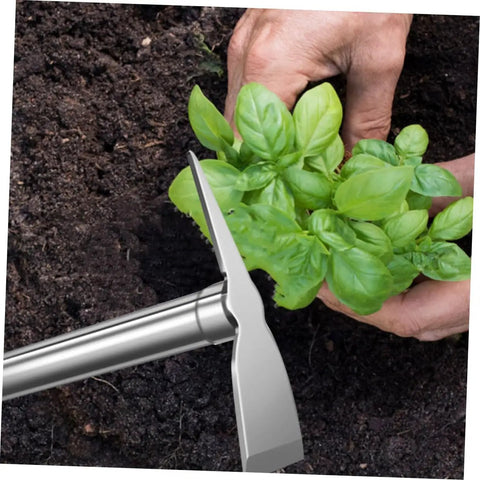Gardener using Stainless Steel Garden Hoe for Raised Beds Easy To Use Weeding Tool With Grippy Handle Durable Pickaxe Style Hoe near plants