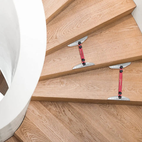 Pro Grade Stair Tread Template Tool Gauge with Adjustable Range 11.4 In to 60.7 In in use on wooden stair steps.