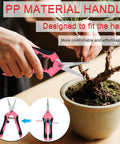 Close-up of pink pruners from All In One Three Piece Gardening Pruning Set With Bypass Pruners Straight Snips And Floral Shears For Trimming Branches Stems Roses Hedges Herbs Tomatoes And More Outdoor Indoor Garden Tools Pink with user trimming bonsai branch.