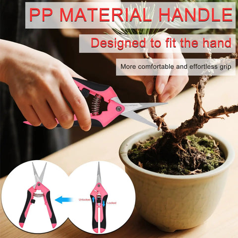 Close-up of pink pruners from All In One Three Piece Gardening Pruning Set With Bypass Pruners Straight Snips And Floral Shears For Trimming Branches Stems Roses Hedges Herbs Tomatoes And More Outdoor Indoor Garden Tools Pink with user trimming bonsai branch.