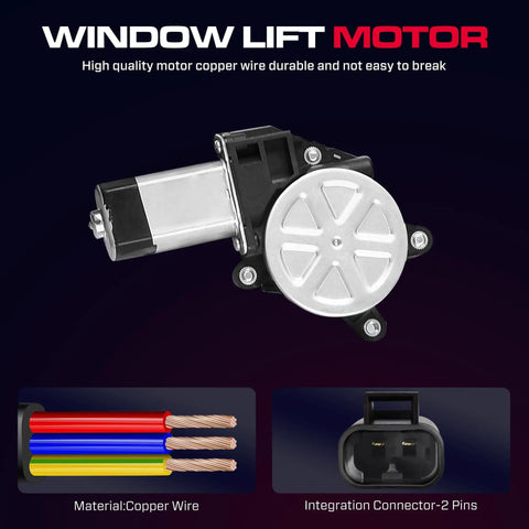 Front Passenger Side Power Window Regulator With Motor For Chevy Silverado 1500 2500 3500 GMC Sierra 1500 2500 3500 Yukon XL Suburban Avalanche Cadillac Escalade Easy Install 2 Pin Connector 741645, featuring motor and connector close-up displays.