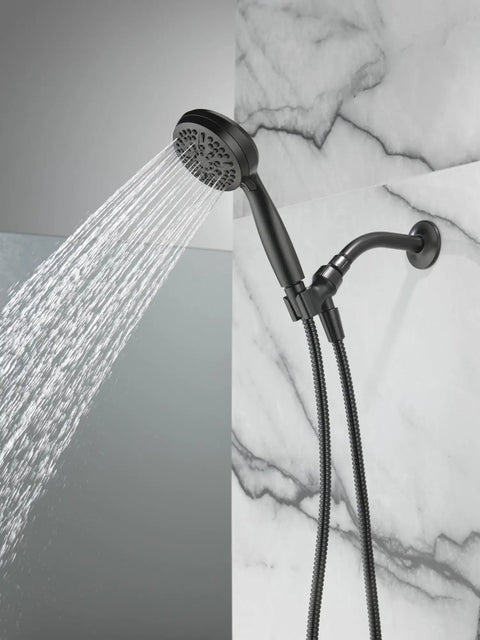 Heavy Duty Five Setting Handheld Shower Head Matte Black Detachable Hand Shower With Slick Hose Hella Strong High Pressure Spray For Instant Bathroom Refresh