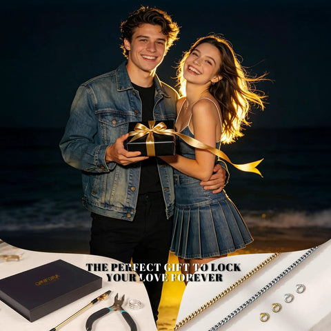 Happy couple with DIY Permanent Bracelet Kit With Ring Shaped Clasp For Couples And Friends, black and gold tools displayed.