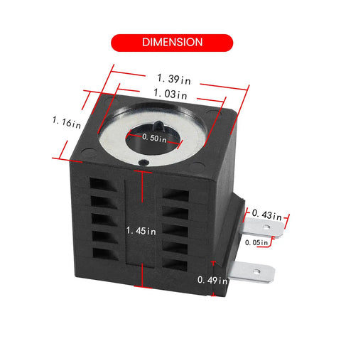 12V DC Solenoid Coil 16W with dual spade connectors, dimensions labeled, for hydraulic power unit lift dump EF1081