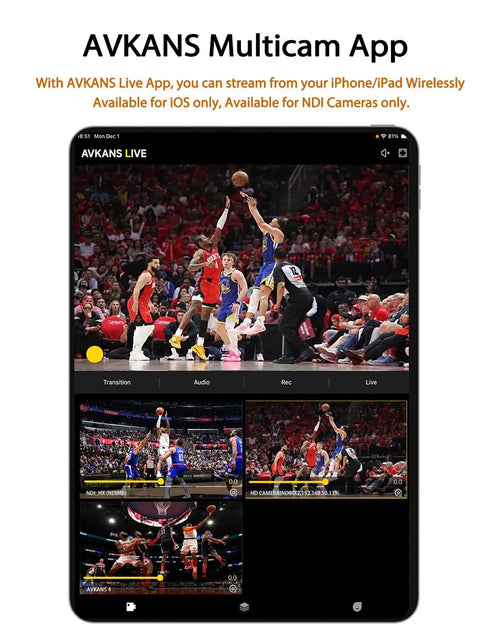 Tablet showing AVKANS Multicam App interface for Pro Grade NDI Camera With 20X Optical Zoom And PTZ, 1080P 60FPS, streaming sports event