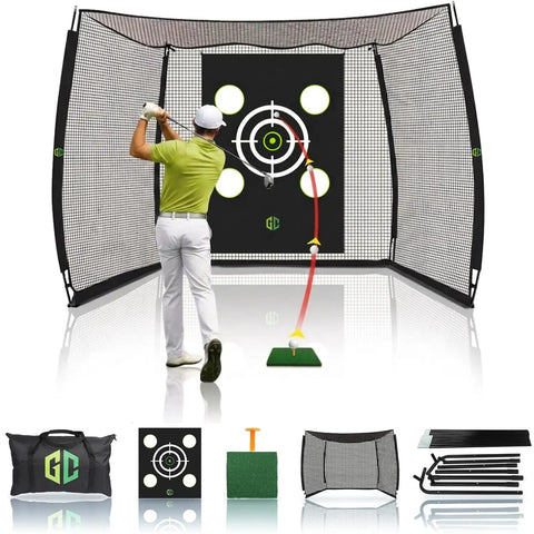 Backyard Ready Golf Hitting Net Ten By Eight By Five And A Half Feet With Silent Target Tarp 4 Ply Net Mat And Tee Steel Tubes Poles Carry Bag For