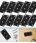 Heavy Duty Iron Shelf Brackets Flat Straight Corner Braces Black Metal For Kitchen Cabinets Storage Support No Wobble Reinforced With Iron Plates Keeps Shelves Stable And Organized 10 Pack, shown with tools on white and wood surfaces.