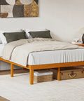 Built Tough Queen Size Platform Bed Frame In Real Natural Pine Wood With Thick Wooden Slats For Zero Wobble Support Never Requires A Box Spring And Flawless Setup For Your Bedroom Space in a modern bedroom setting.