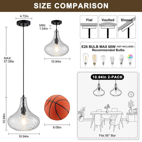 WILON 11" Hammered Glass Pendant Lights Kitchen Island Black size comparison showing height and styling options with a basketball for scale.