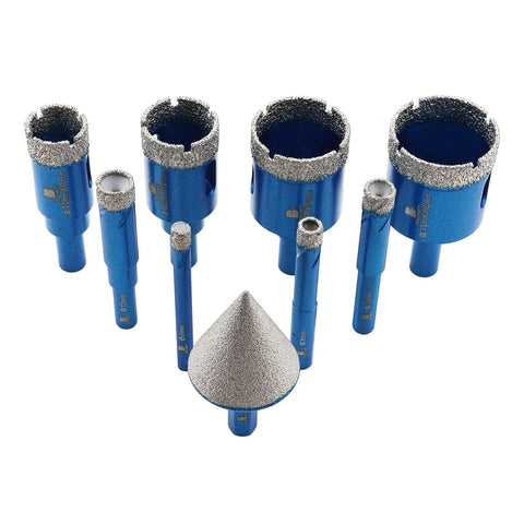 Diamond tile drill bit set with blue round-shank bits; includes sizes 6–35 mm and 35 mm chamfer bit.