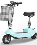 Electric scooter with blue frame and plaid basket, showcasing 48V 1000W Brushed Motor Controller For Electric Scooters Bicycles And Trikes With Black Battery Connector Terminal Plug And Play Upgrade For Faster Throttle Response And Beefed Up Power Ideal Replacement Part.