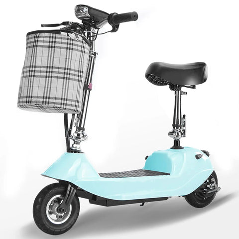 Electric scooter with blue frame and plaid basket, showcasing 48V 1000W Brushed Motor Controller For Electric Scooters Bicycles And Trikes With Black Battery Connector Terminal Plug And Play Upgrade For Faster Throttle Response And Beefed Up Power Ideal Replacement Part.