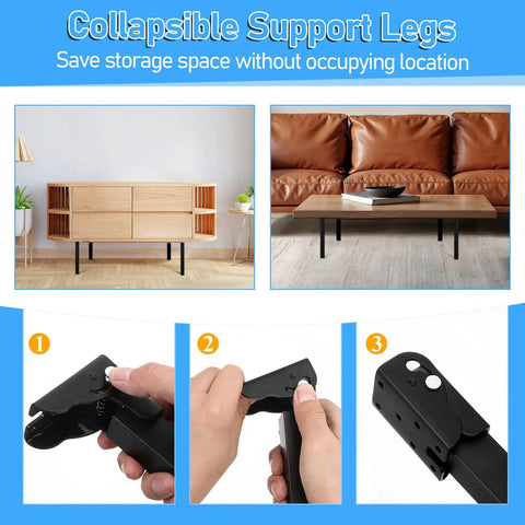 14 Inch Folding Table Legs 4 Pack Heavy Duty Metal Furniture Legs With Locking Hinges Mounting Screws shown in use with a coffee table.
