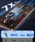 6 In 1 Retractable Car Charger With Dual Type C Cables, 99W compact USB C adapter on iPhone, showcasing fast charging ports.
