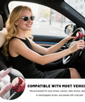 Woman driving car with woodgrain steering wheel spinner knob for cars one handed turn aid anti slip ball handle smooth turning
