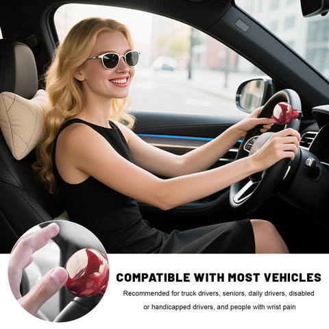 Woman driving car with woodgrain steering wheel spinner knob for cars one handed turn aid anti slip ball handle smooth turning