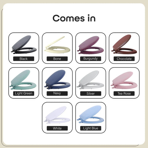 Assorted vinyl toilet seats including Soft Navy 17 Inch Vinyl Toilet Seat With Foam Cushioning, Standard Size.