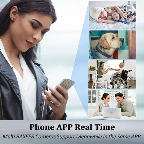 Woman using smartphone app and multiple surveillance camera views showing baby, dog, wheelchair user, and meeting.