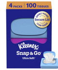 Snap And Go Ultra Soft Facial Tissues Travel Size Four On The Go Packs With Twenty Five Tissues Per Pack Three Ply on box