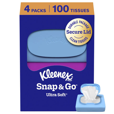 Snap And Go Ultra Soft Facial Tissues Travel Size Four On The Go Packs With Twenty Five Tissues Per Pack Three Ply on box