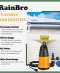 Hella Strong Submersible Sump Pump And Portable Utility Water Transfer Setup With 25 Foot Hose And Cord displayed with features.