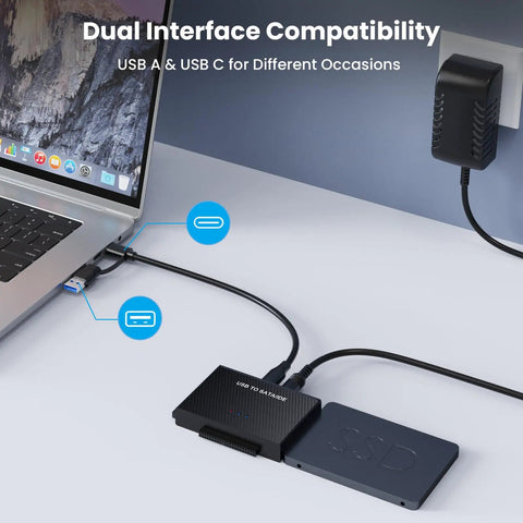 Hard Drive Reader USB 3.0 To SATA IDE Adapter Kit For Universal 2.5 Or 3.5 HDD SSD, external SSD connected to laptop via USB-A and USB-C