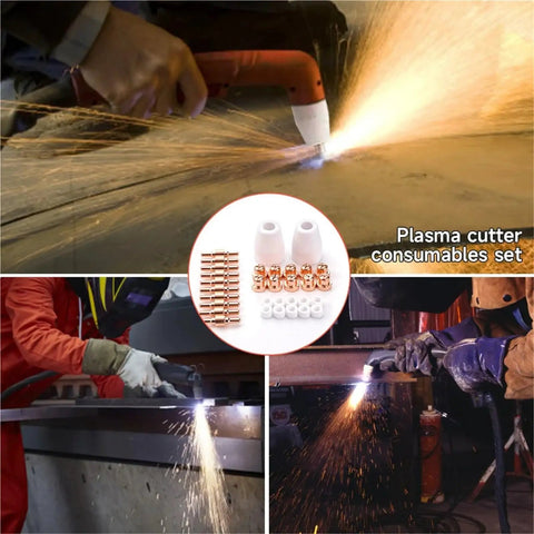 Ultimate 32pc Pt31 Plasma Cutter Consumables Kit Featuring Durable Electrodes, High Temp Nozzles And Swirl Cups For 40A Machines in action with sparks.